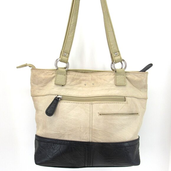 Stone Mountain Beige & Black Double Handle Multi Zip Pockets Leather Handbag - Picture 6 of 11